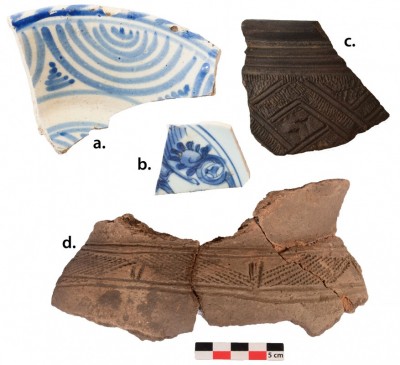 Figure 2. A) Portuguese tin-glazed pottery (1640–1700) from Ngongo Mbata; B) Chinese (1662–1722) tin-glazed pottery from Ngongo Mbata; C) elite-related pottery (seventeenth century) from Ngongo Mbata; D) pottery from Kindoki, probably dated to the fourteenth century (pictures 2A & 2B were made at the Royal Institute for Cultural Heritage (IRPA/KIK)—Brussels).